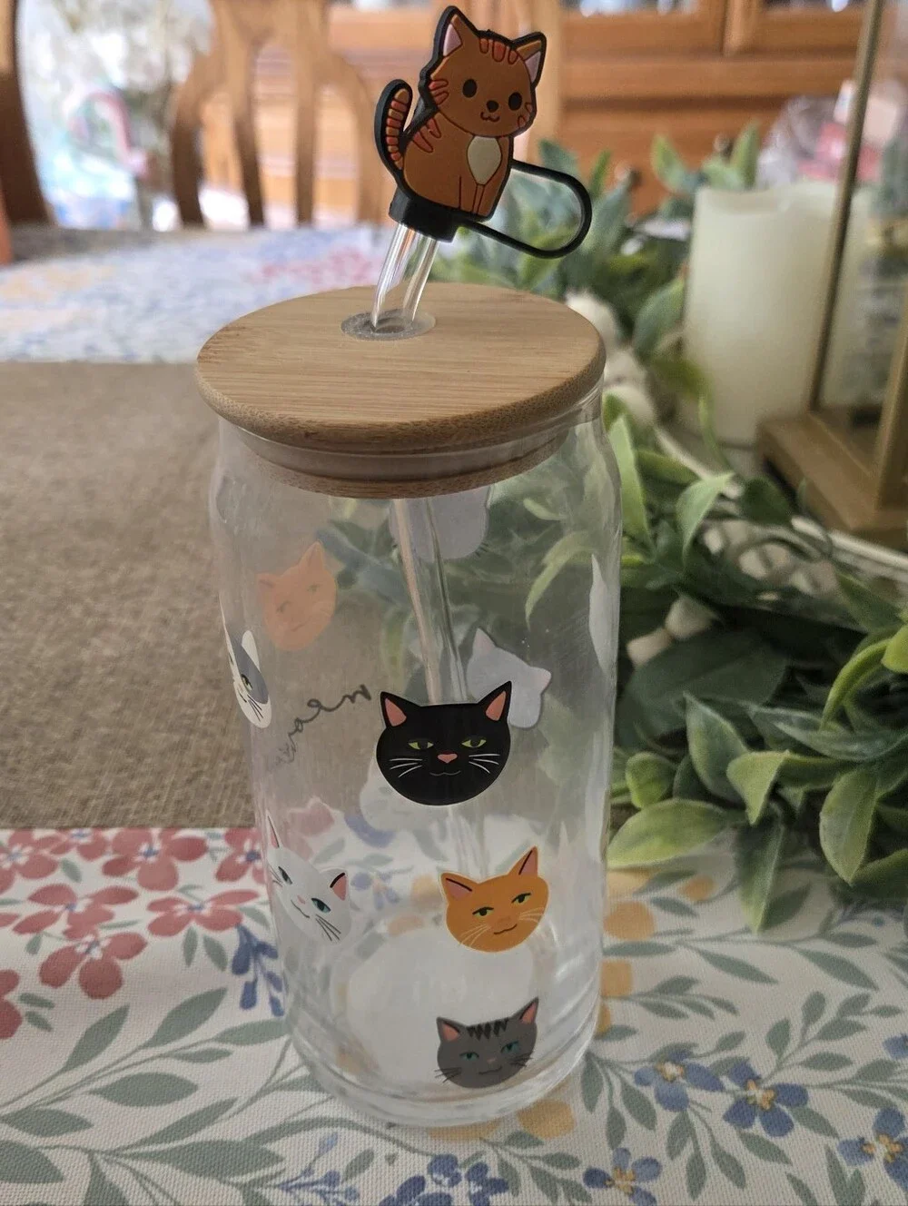 Glass Cat Face Water Bottle with Bamboo Lid and Straw - Multicolor